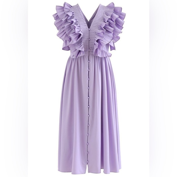 PLEATED RUFFLE BUTTONED DEEP V-NECK DRESS IN LILAC - Picture 7 of 14